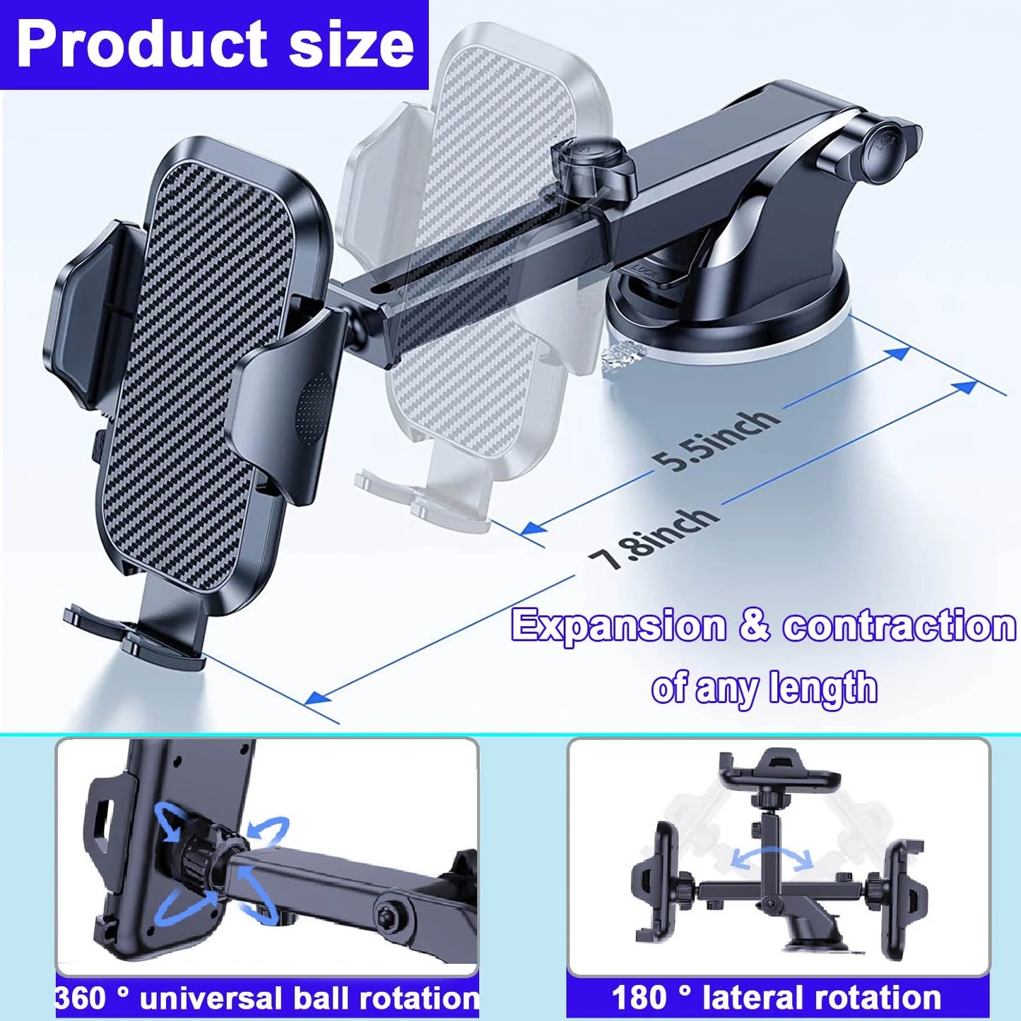 Universal Car Phone Mount with Air Vent Clip and Long Arm Holder for All Smartphones