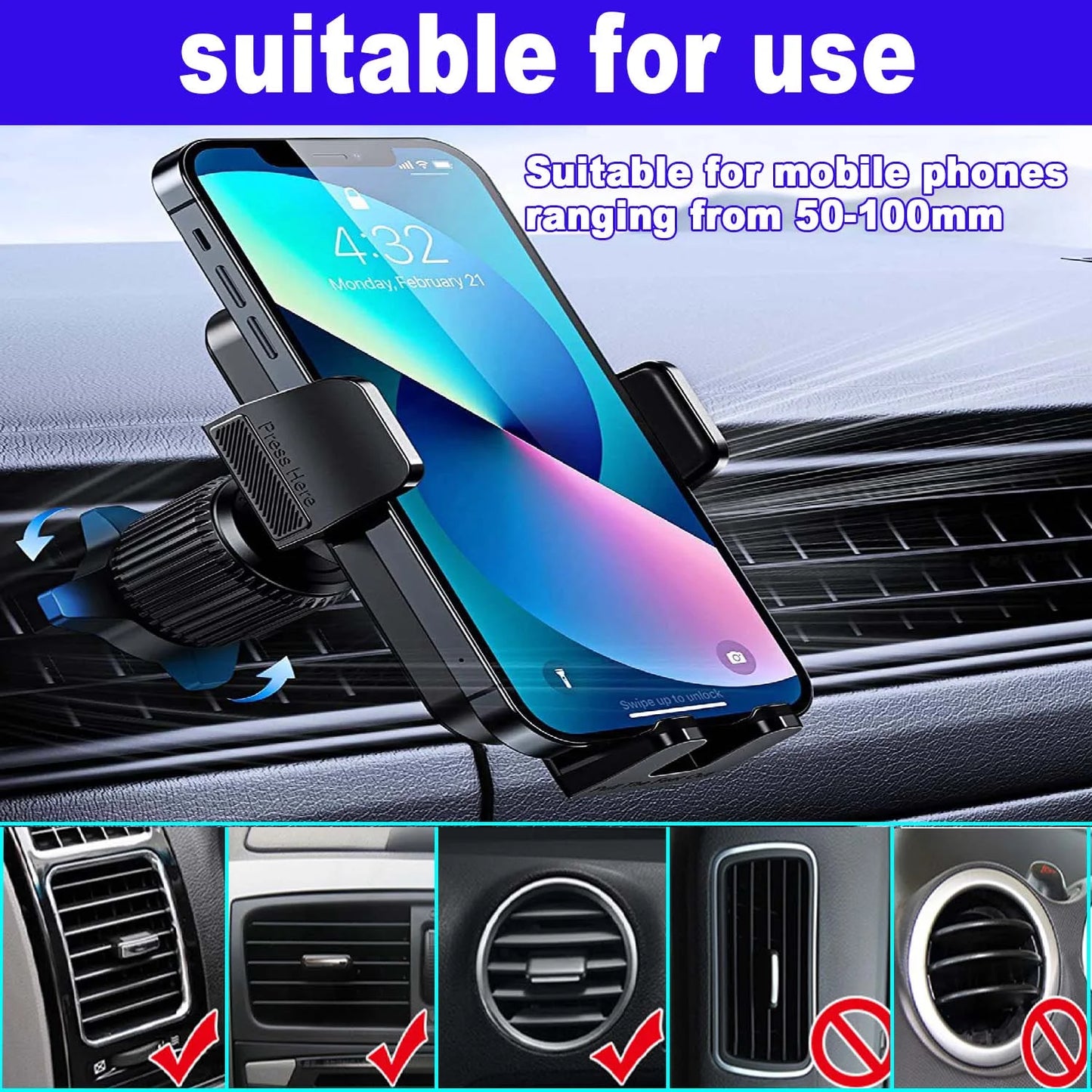 Universal Car Phone Mount with Air Vent Clip and Long Arm Holder for All Smartphones