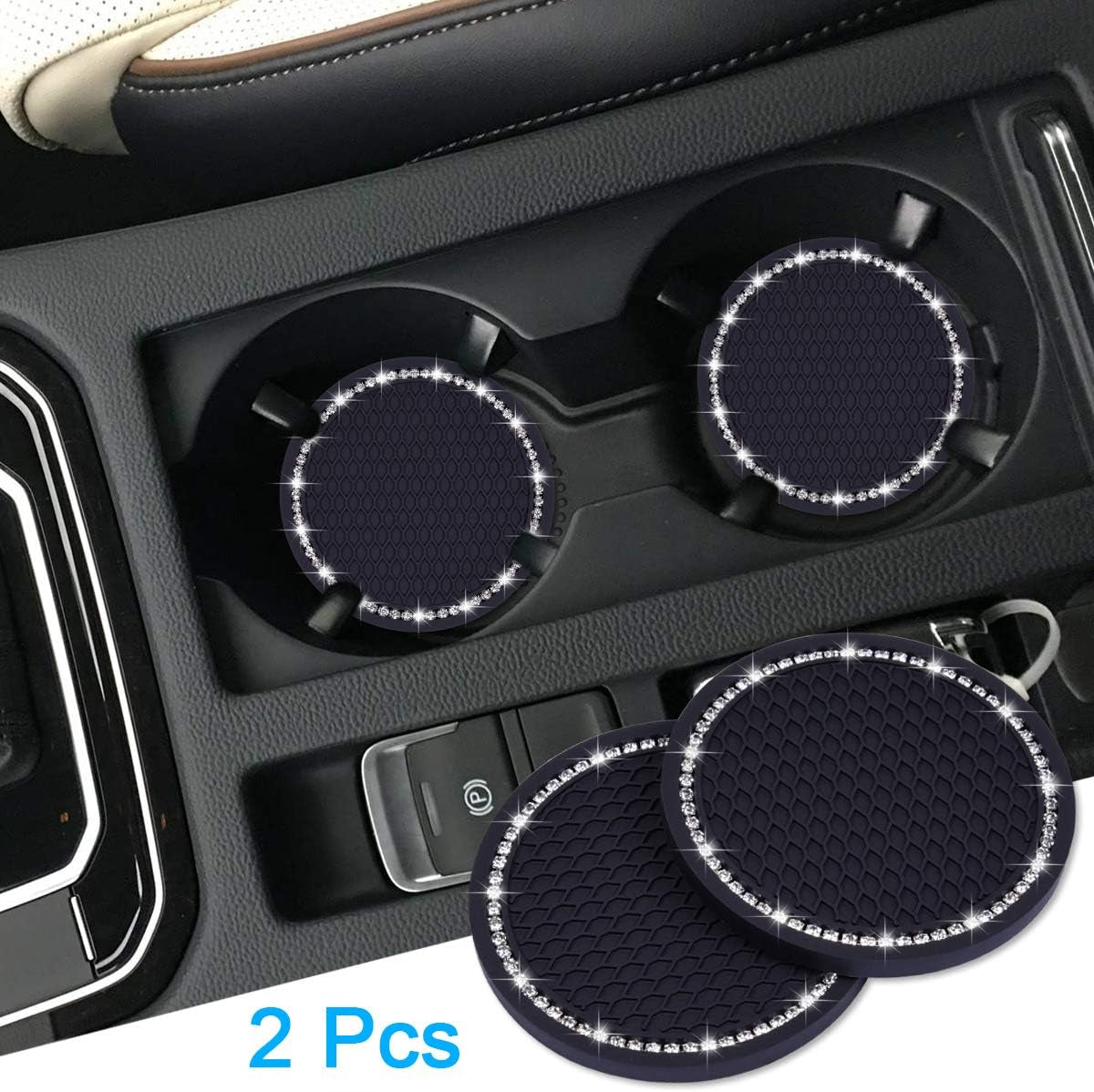 Bling Car Coasters, 2 Pack 2.75" Diameter Car Cup Coaster, Black