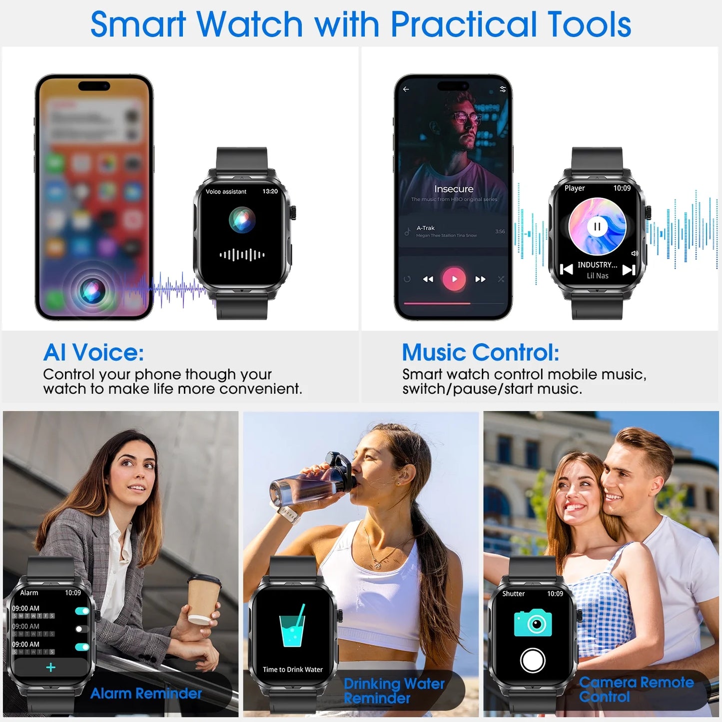 H5 Bluetooth Smart Watch with IP68 Waterproof Fitness Tracker for Men and Women - Black
