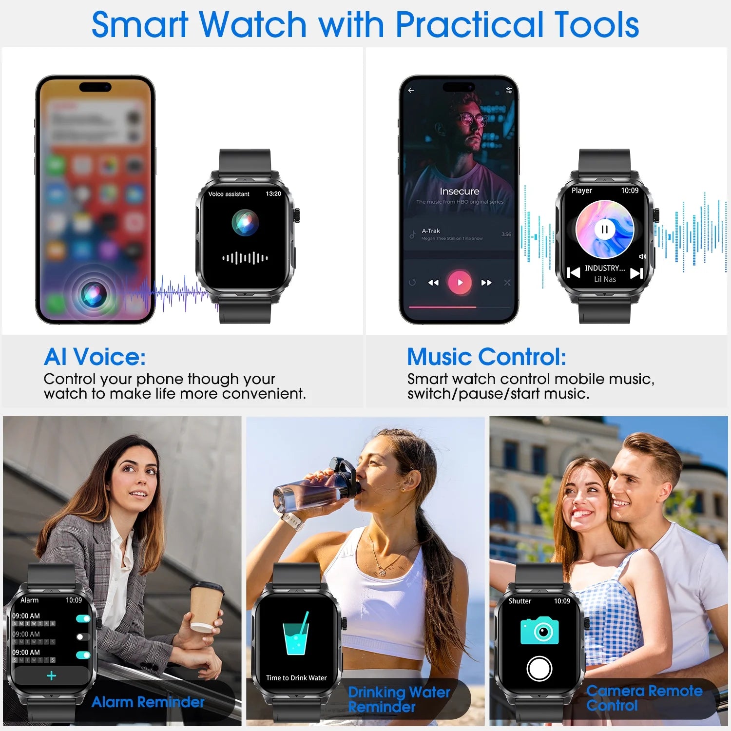 H5 Bluetooth Smart Watch with IP68 Waterproof Fitness Tracker for Men and Women - Black