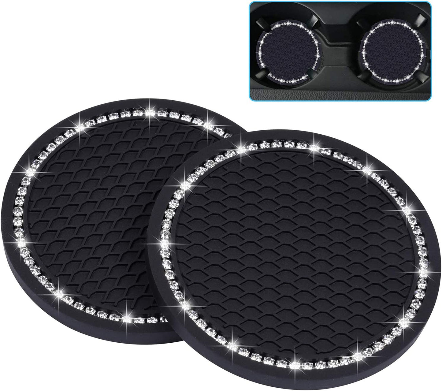Bling Car Coasters, 2 Pack 2.75" Diameter Car Cup Coaster, Black