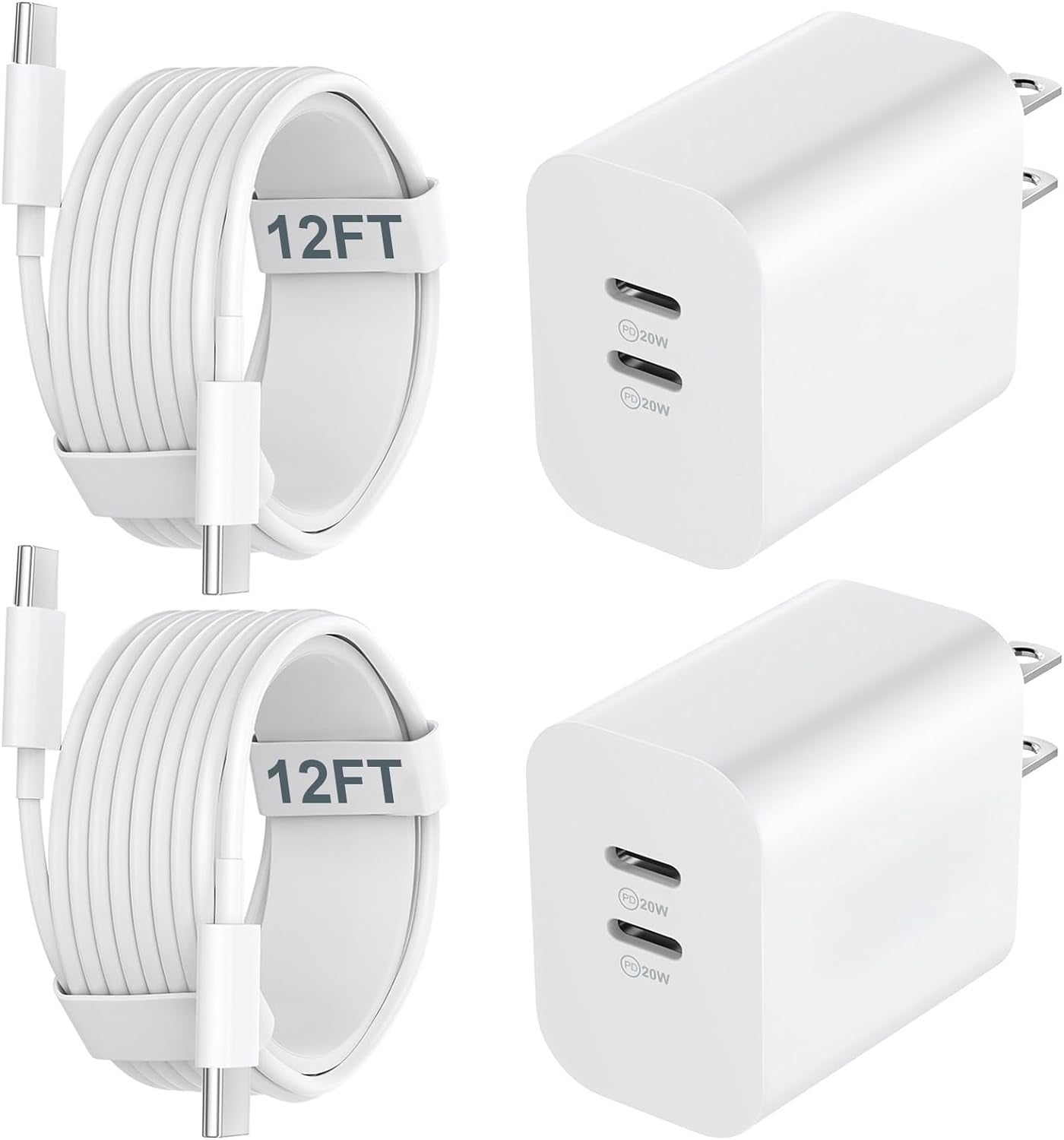 20W USB-C Charger Block with 12FT Fast Charging Cable for iPhone 15/16/17 Pro Max and Android Devices