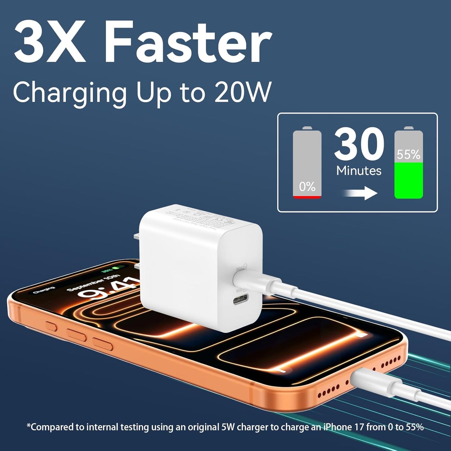 20W USB-C Charger Block with 12FT Fast Charging Cable for iPhone 15/16/17 Pro Max and Android Devices
