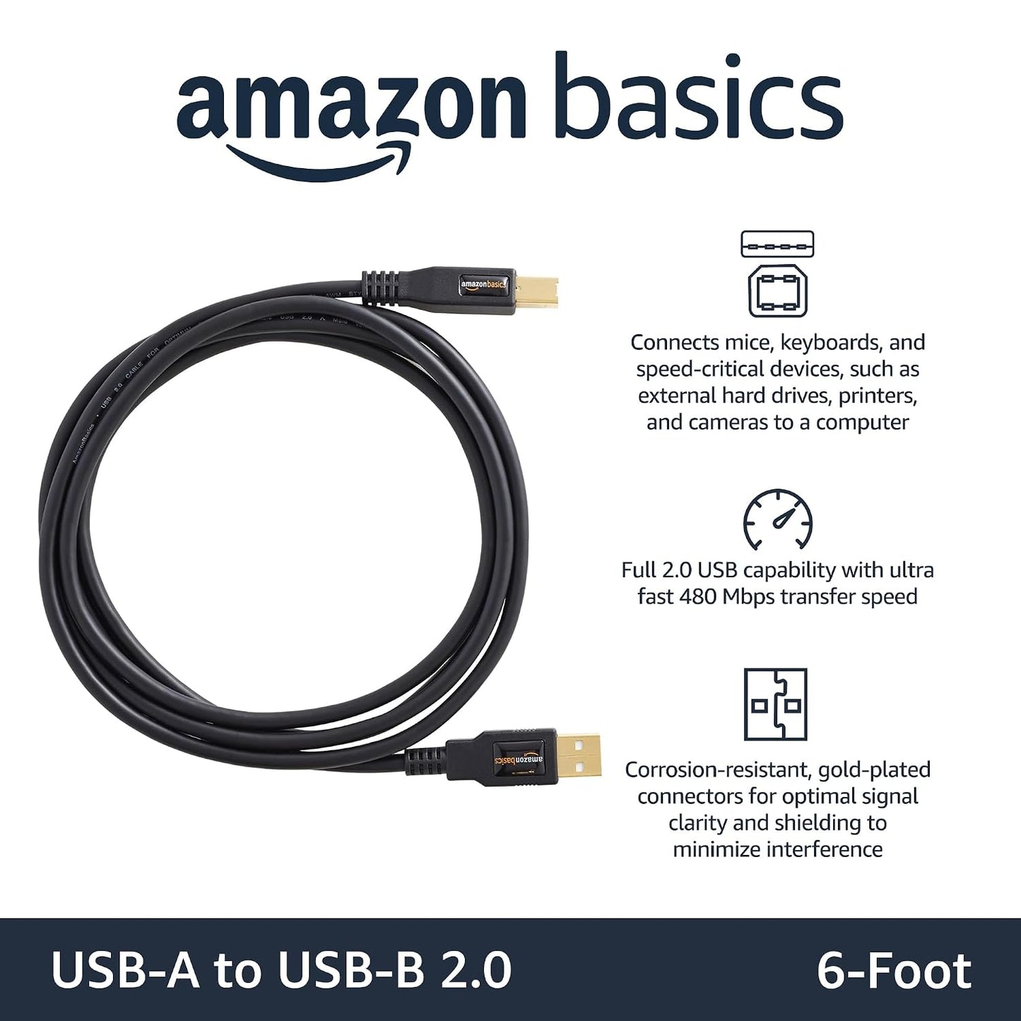 USB 2.0 A to B Cable for Printers and External Hard Drives, 6 Feet, 480 Mbps Transfer Speed, Gold-Plated Connectors, Black
