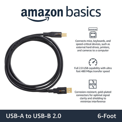 USB 2.0 A to B Cable for Printers and External Hard Drives, 6 Feet, 480 Mbps Transfer Speed, Gold-Plated Connectors, Black