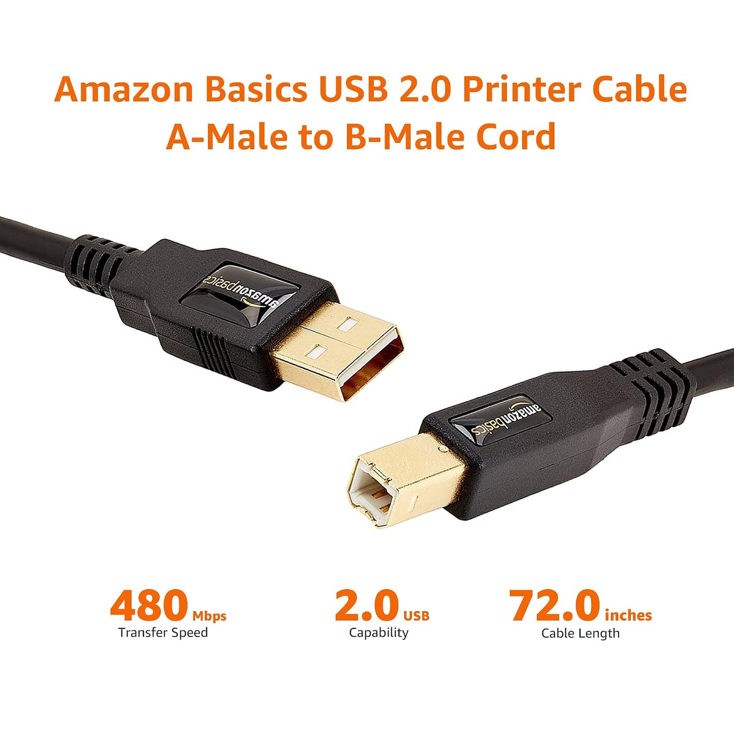 USB 2.0 A to B Cable for Printers and External Hard Drives, 6 Feet, 480 Mbps Transfer Speed, Gold-Plated Connectors, Black