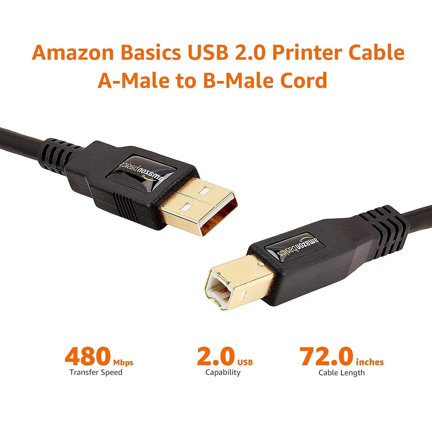 USB 2.0 A to B Cable for Printers and External Hard Drives, 6 Feet, 480 Mbps Transfer Speed, Gold-Plated Connectors, Black