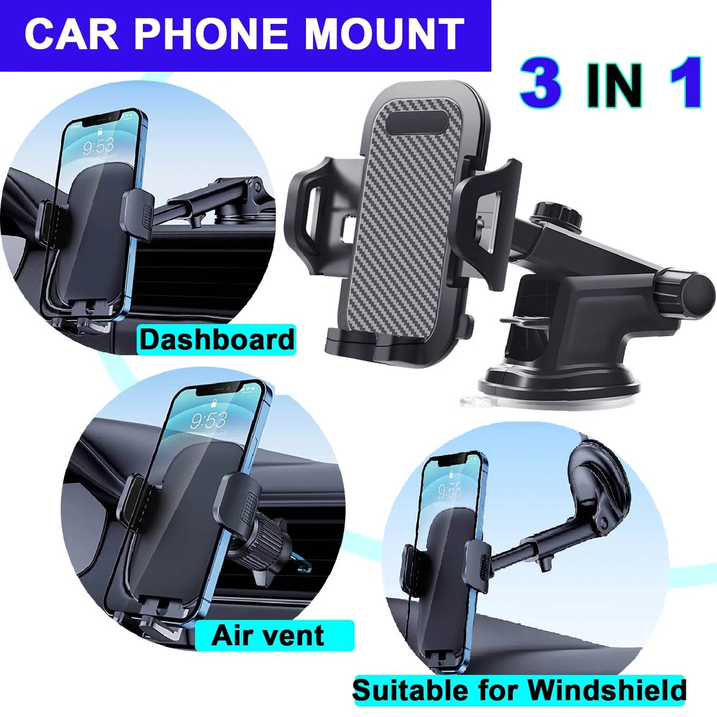 Universal Car Phone Mount with Air Vent Clip and Long Arm Holder for All Smartphones