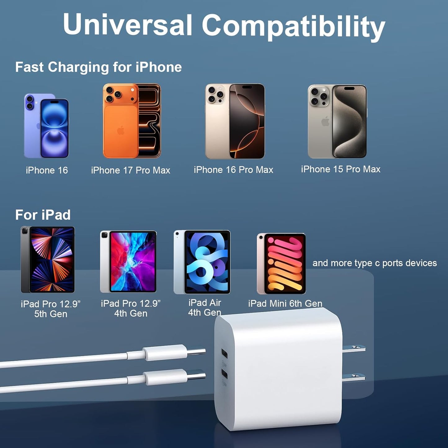 20W USB-C Charger Block with 12FT Fast Charging Cable for iPhone 15/16/17 Pro Max and Android Devices